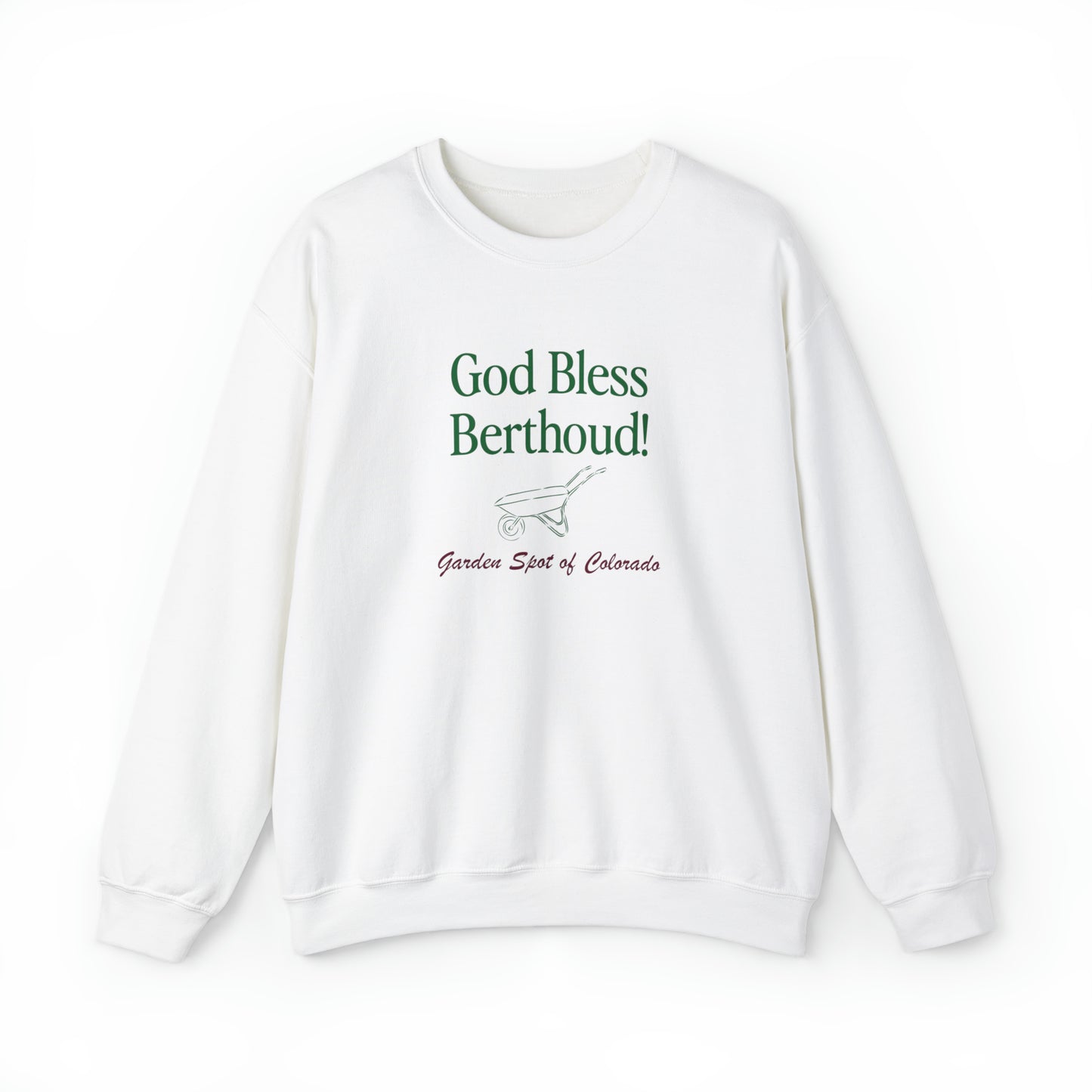 God Bless Berthoud! Garden Spot of Colorado Crewneck - Unisex Heavy Blend™ Crewneck Sweatshirt in White and Ash