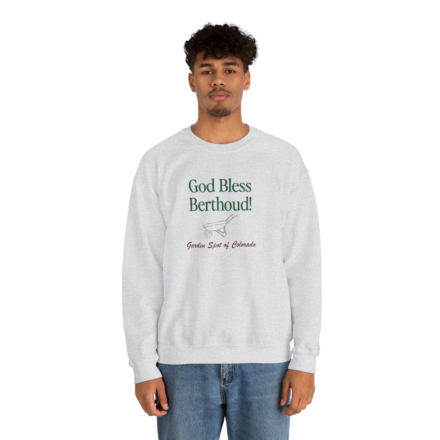 God Bless Berthoud! Garden Spot of Colorado Crewneck - Unisex Heavy Blend™ Crewneck Sweatshirt in White and Ash