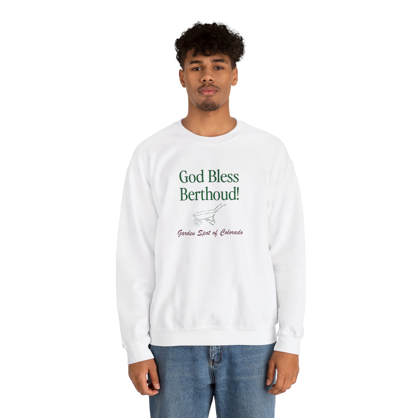 God Bless Berthoud! Garden Spot of Colorado Crewneck - Unisex Heavy Blend™ Crewneck Sweatshirt in White and Ash