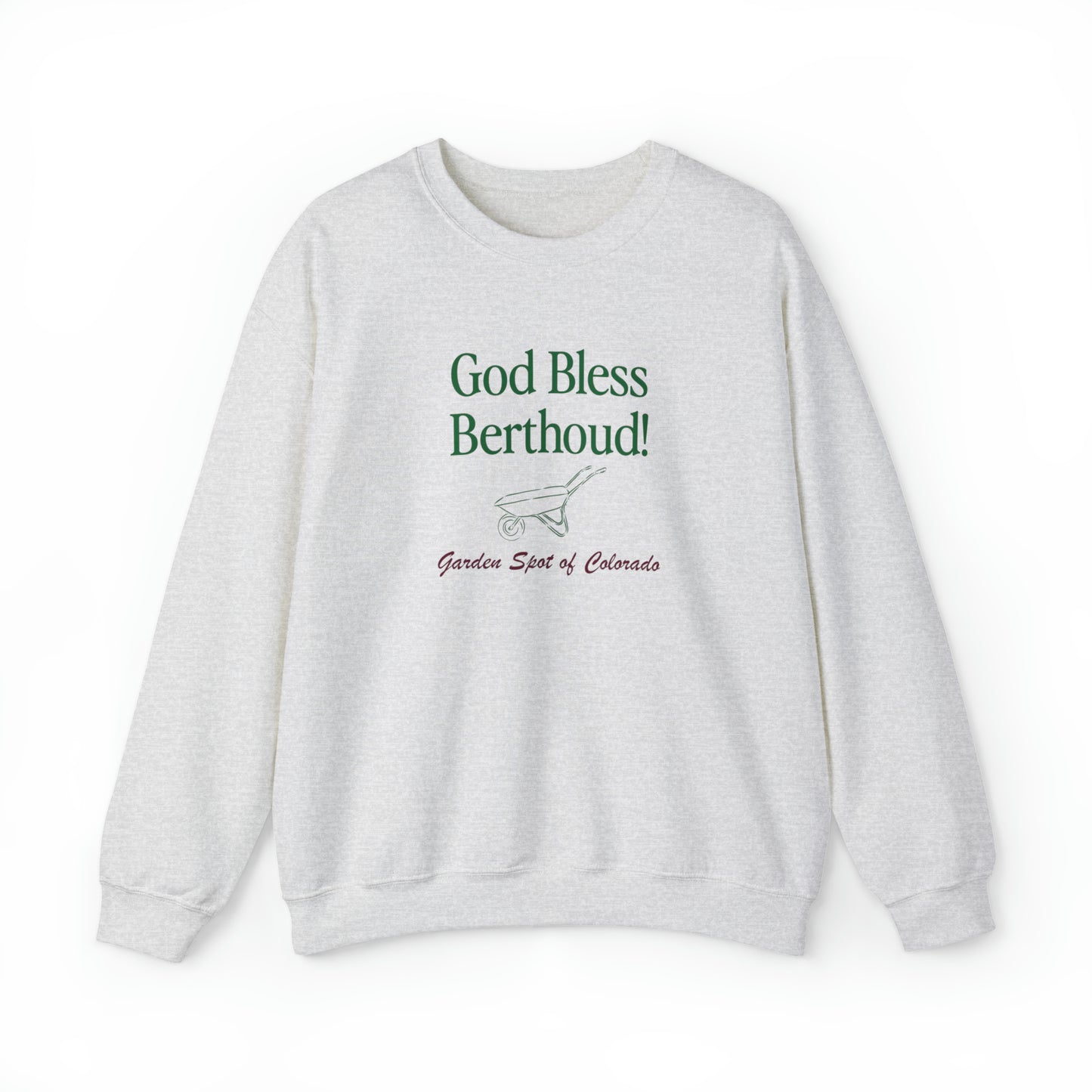 God Bless Berthoud! Garden Spot of Colorado Crewneck - Unisex Heavy Blend™ Crewneck Sweatshirt in White and Ash