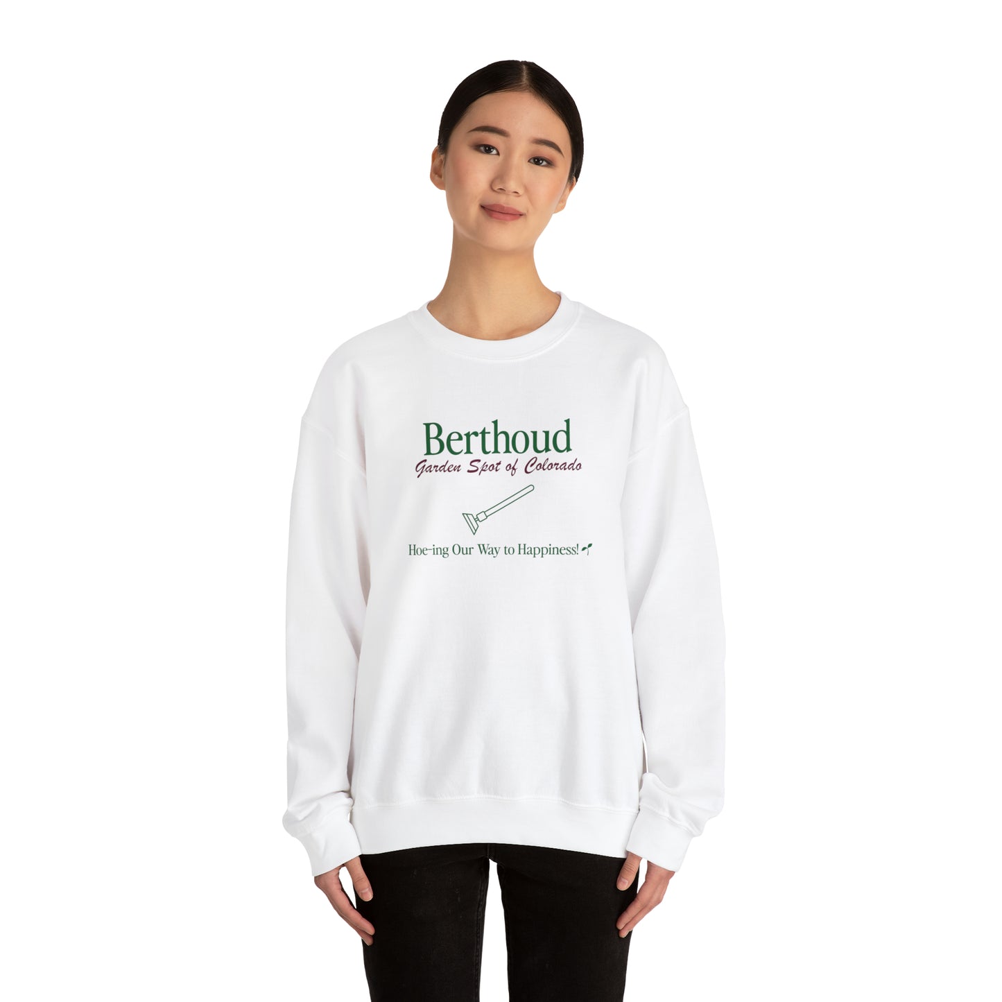 Berthoud 'Hoe-ing' Crewneck - Unisex Heavy Blend™ Crewneck Sweatshirt in White and Ash