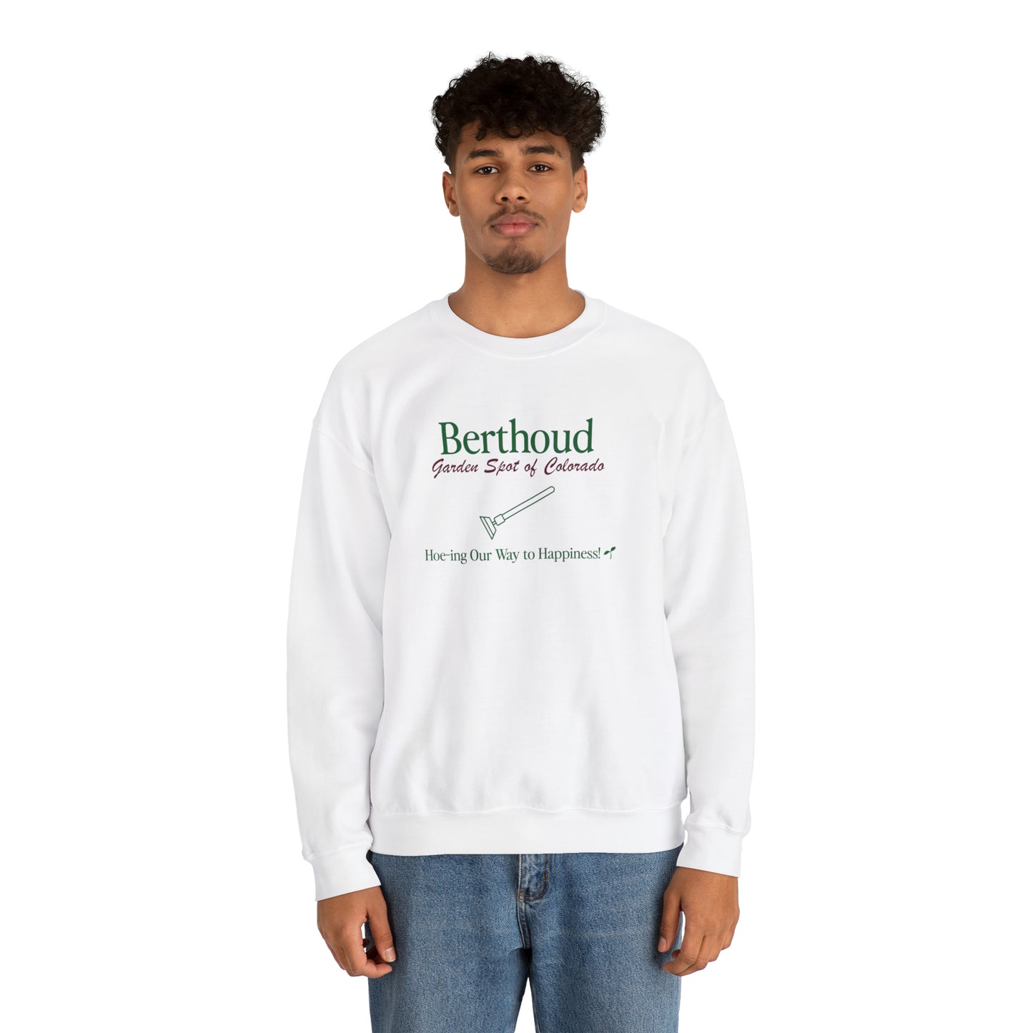 Berthoud 'Hoe-ing' Crewneck - Unisex Heavy Blend™ Crewneck Sweatshirt in White and Ash