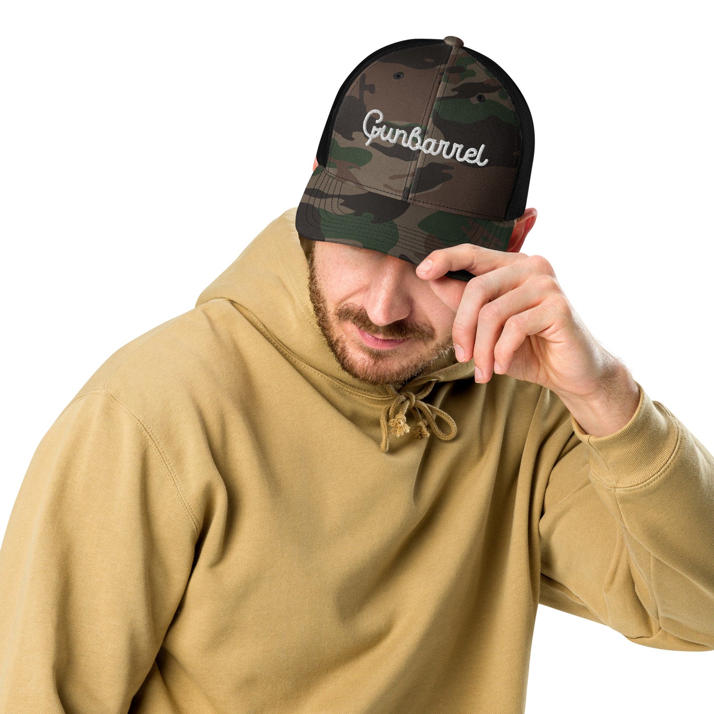 Embroidered Camo Gunbarrel Trucker Hat